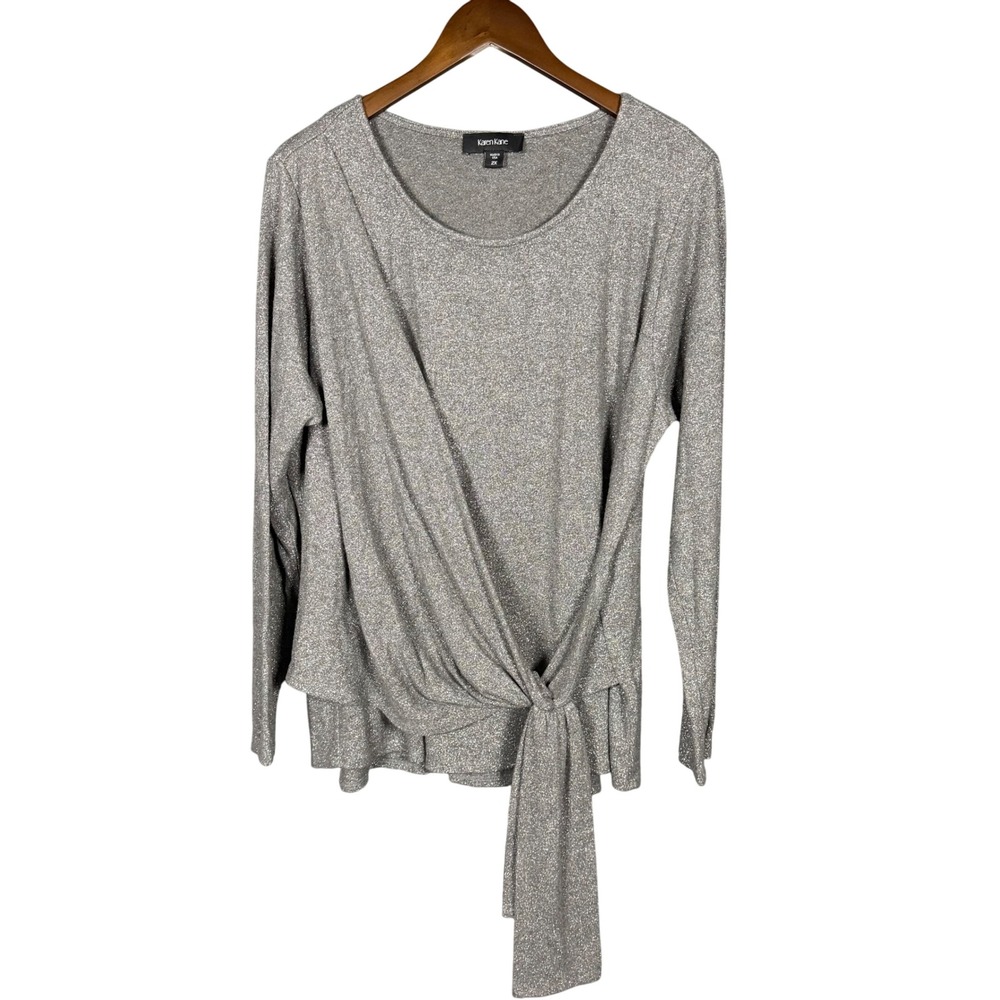 Karen Kane Plus Sz 2X Long Sleeve Silver Metallic Knit Side-Tie Top Office Party